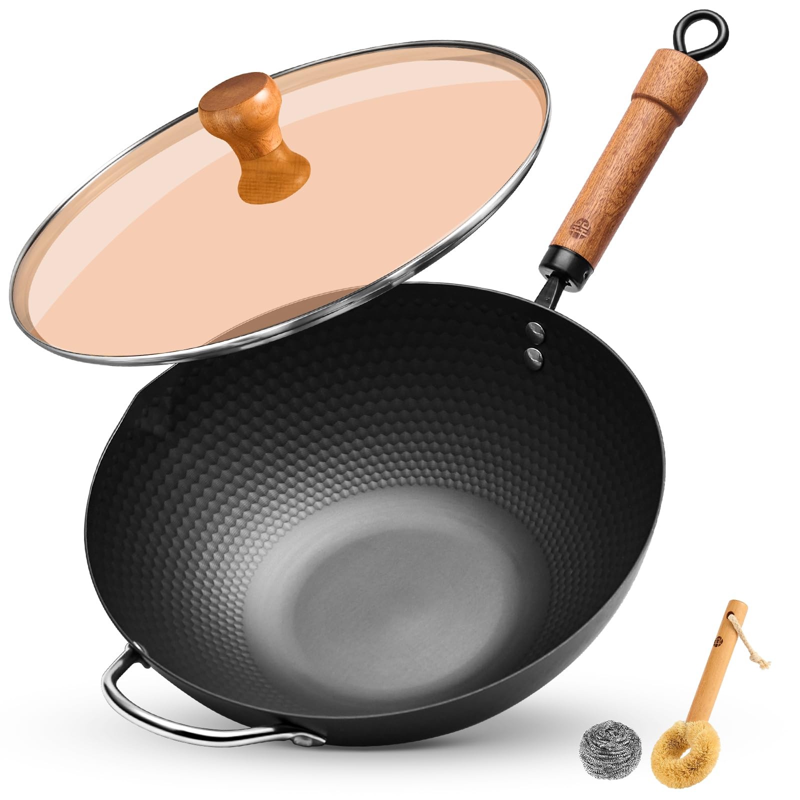 Carbon Steel Wok Pan, 12.6 Inch Flat Bottom Stir Fry Pan with Lid, Uncoated H…