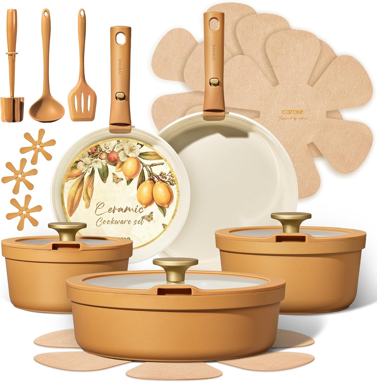 Carote 20pcs Ceramic Cookware Set with Detachable Handles, Pots and Pans Set Non