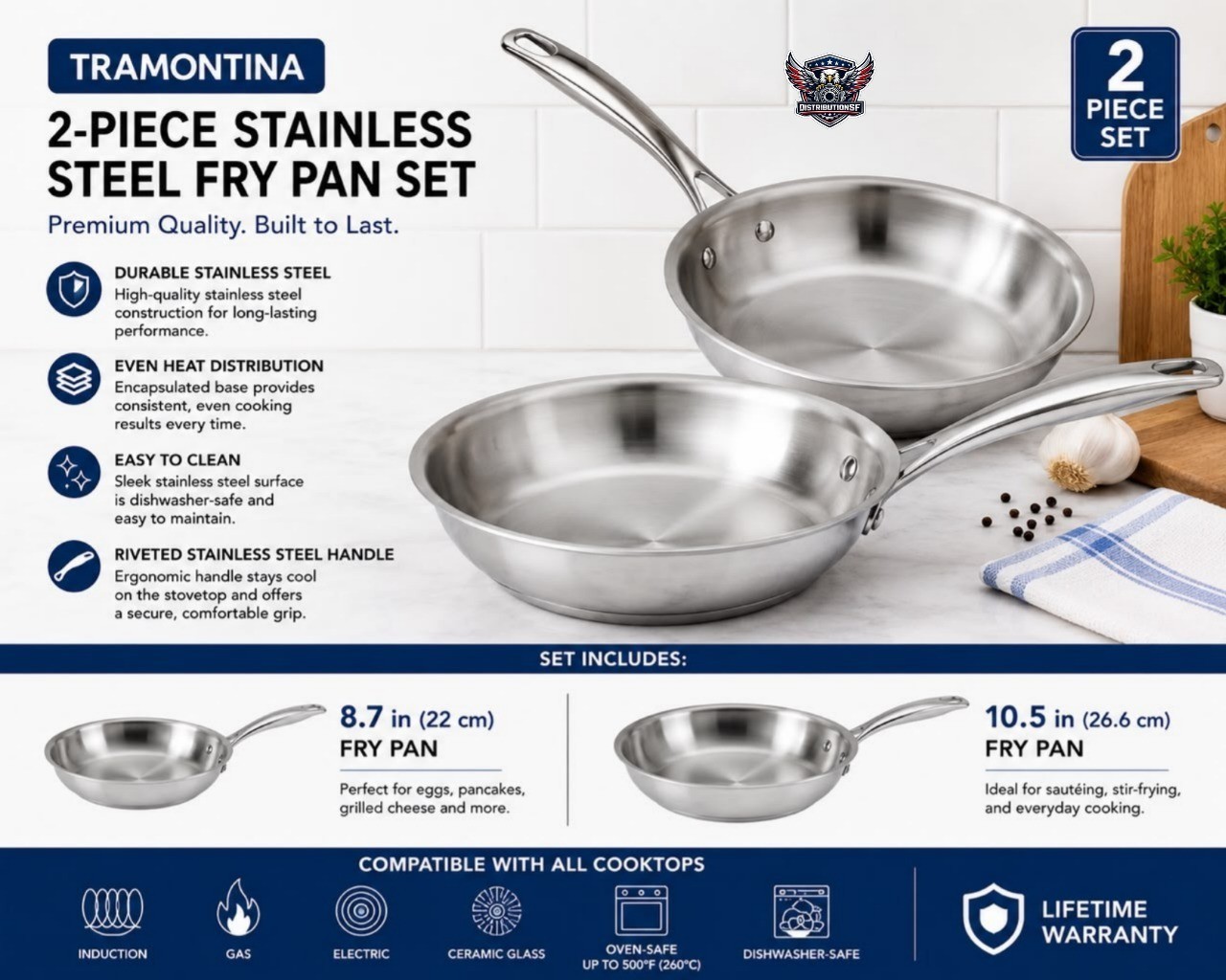 Tramontina 2-Piece Tri-Ply Stainless Steel Fry Pan Set 8.7” & 10.5” Induction