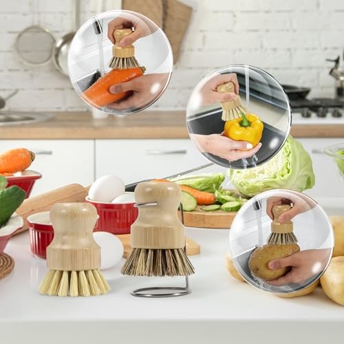 SAMEBUETCO 6-Piece Bamboo Dish Brush Set with 2 Stainless Steel Drying Racks,