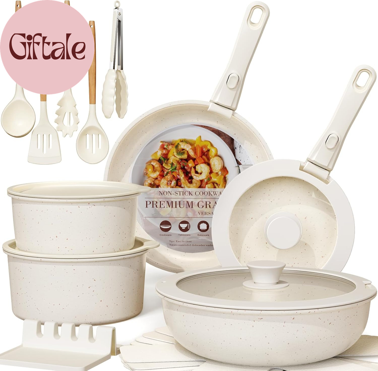 Ceramic Non-Stick Cookware 21 Pcs Pots and Pans Set, Detachable Handle, RV Kitch