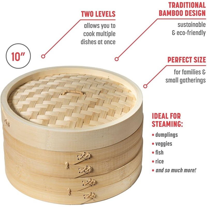 Bamboo Steamer 10 Inch Two Tier Asian Cuisine Cooking Dumplings Veggies Fish New