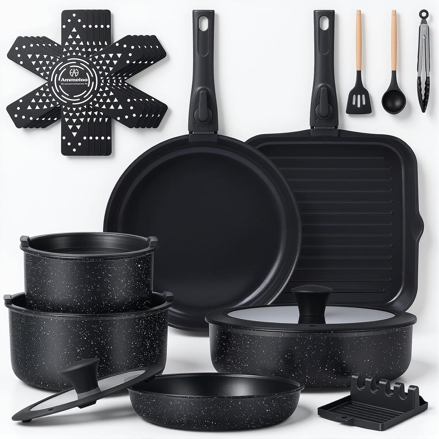 21 Pcs Pots and Pans Set Non Stick with Detachable Handle & Grill Pan, Induction