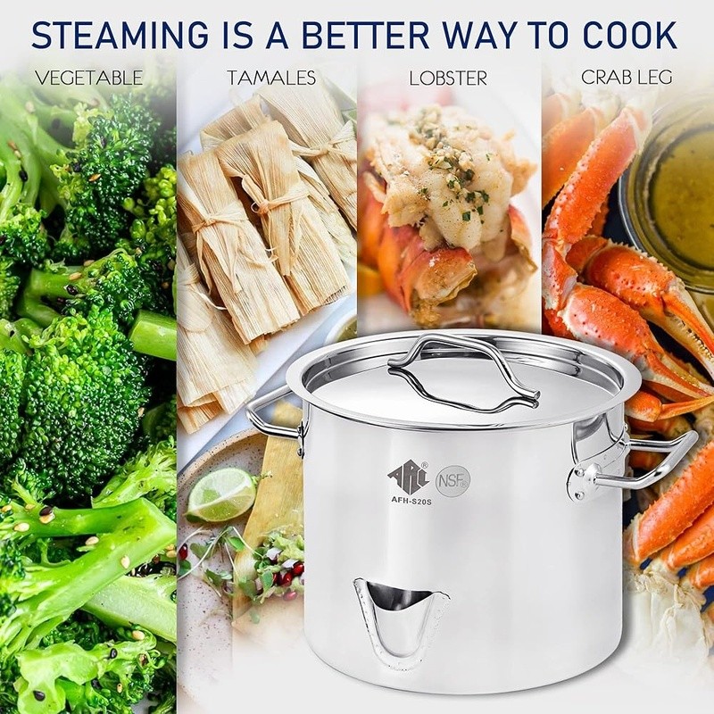 Premium Stainless Steel Vegetable Steamer W/ Spout Dividers & Steamer Rack New
