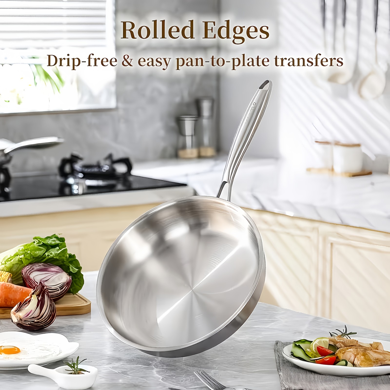 1/3pcs Triply Stainless Steel Frying Pan Set, 304 Flat Bottom Skillet