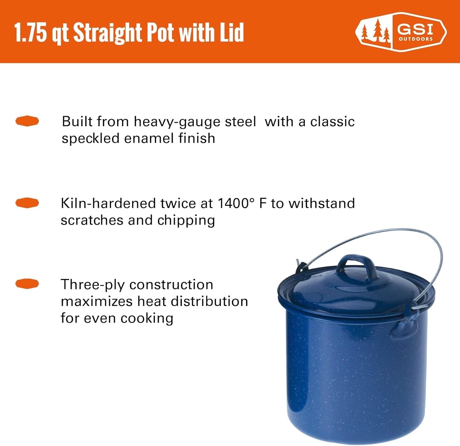 1.75 Qt Straight Pot W/Lid & Handle – Enamelware for Cooking Outdoors, Camping &