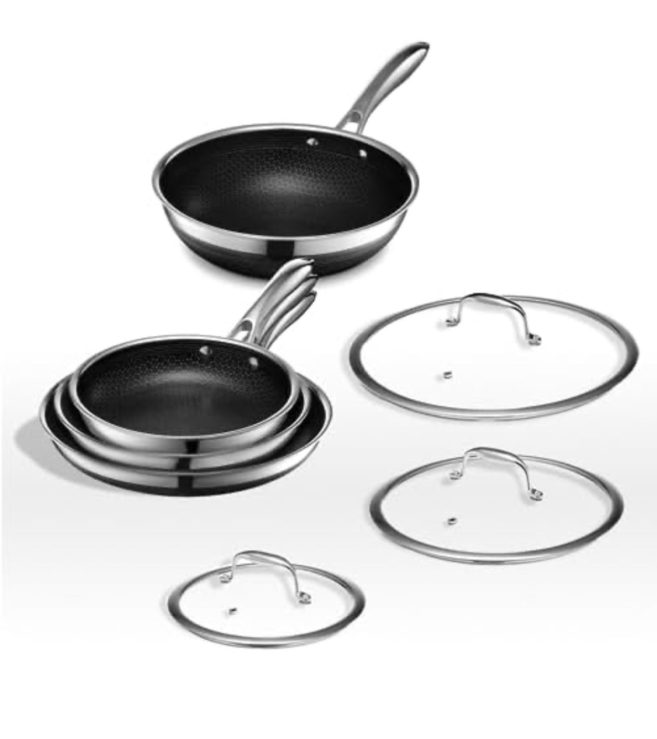 HexClad Hybrid Nonstick 7-Piece Set: 8″, 10″ & 12″ Pans, 12” Wok & Lids, NEW!