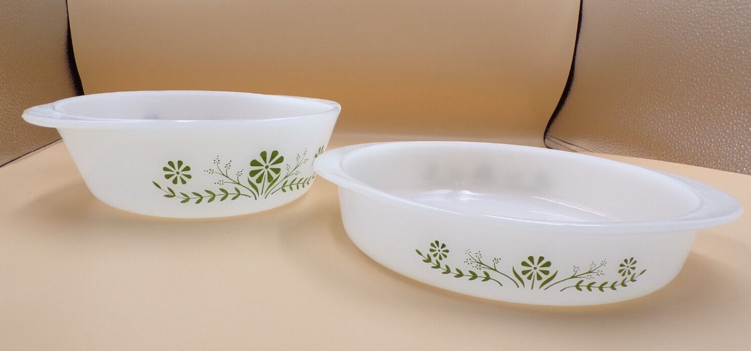 Vtg Glasbake 8.5″ Green Daisy Casserole Dish NO Lid 2 Qt USA J514 Ovenware + one