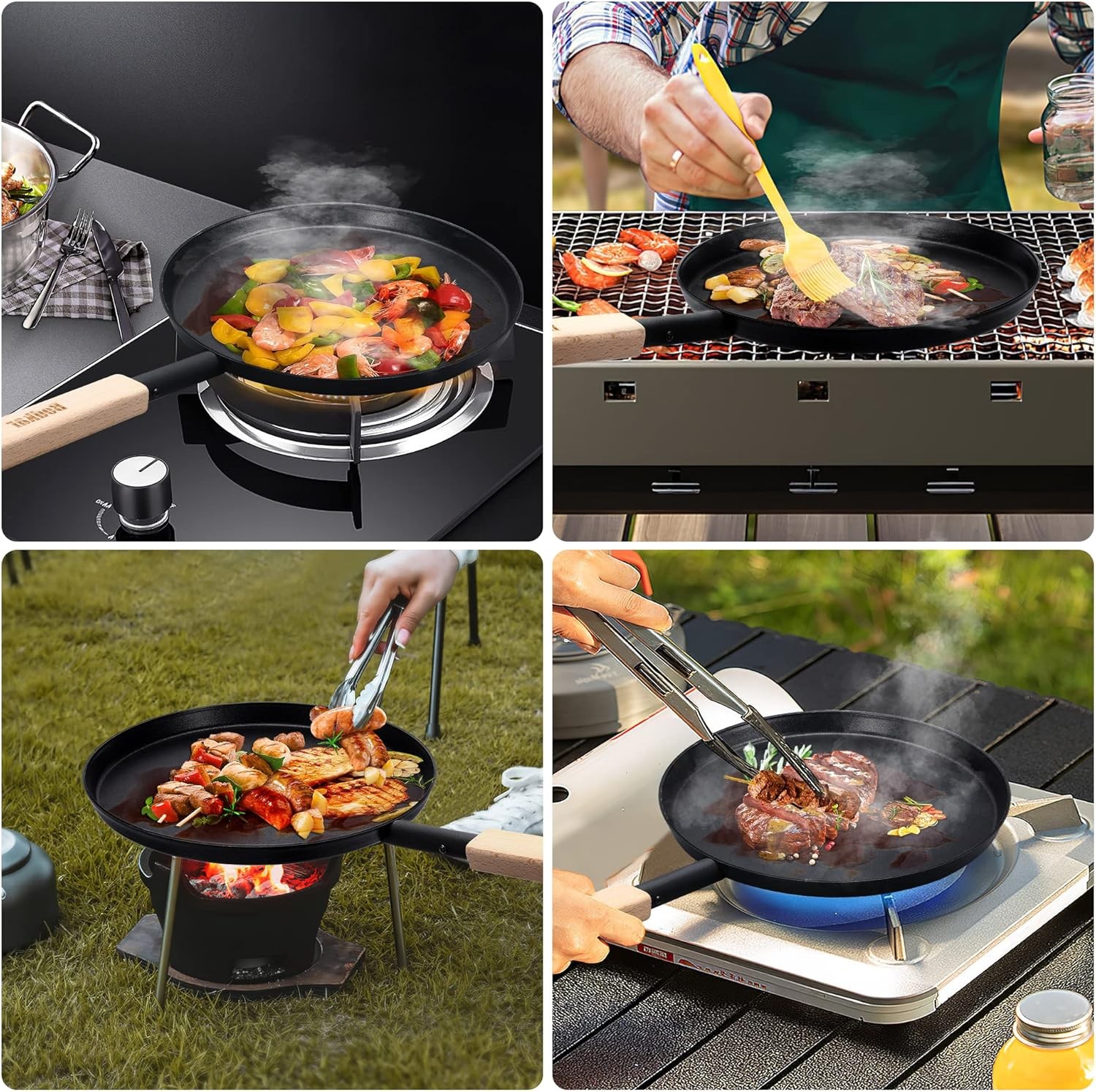 8″ Frying Pan Skillet Flat Griddle Lightweight with Wooden Handle Camping