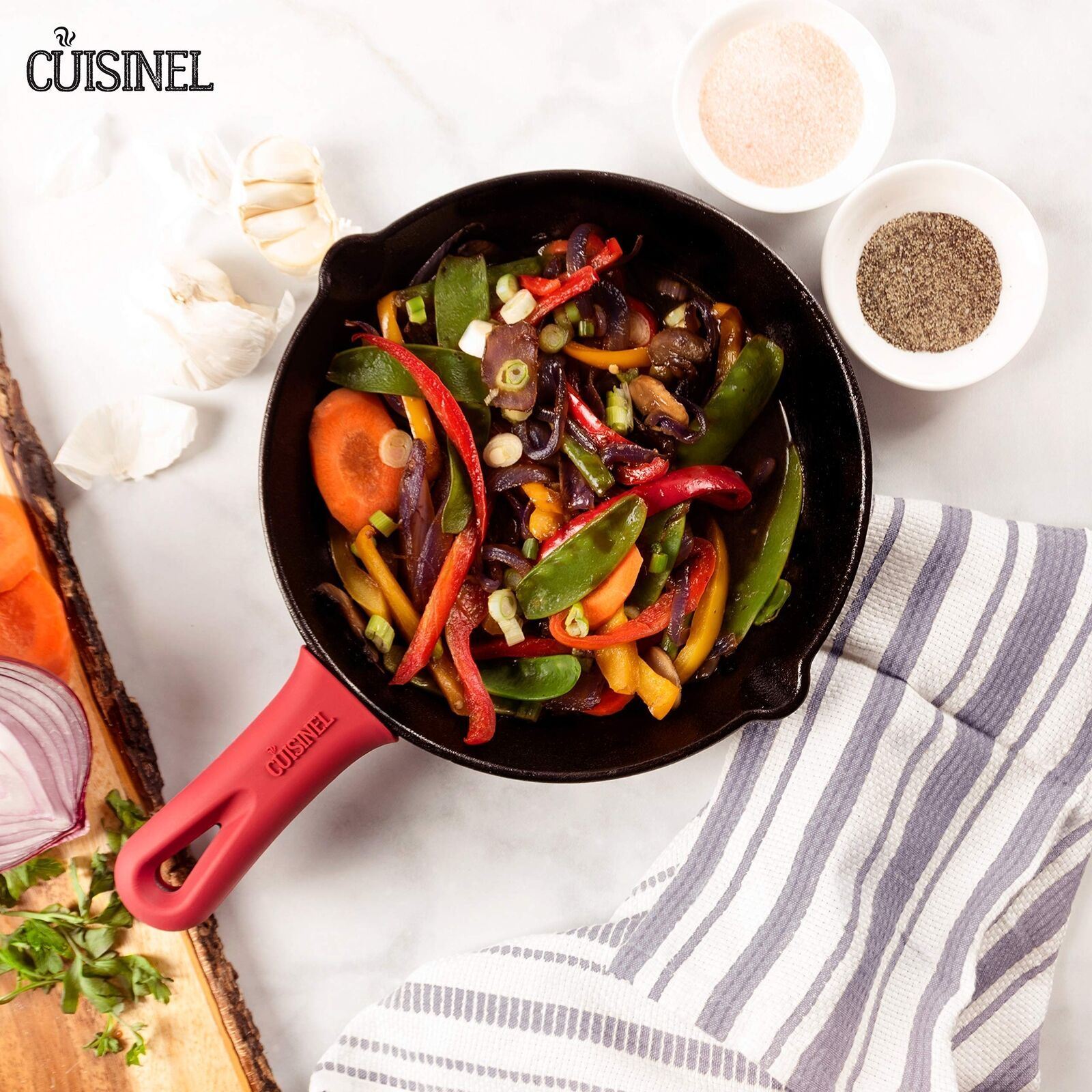 Cast Iron Skillet – 8″ Frying Pan with Pour Spouts + Silicone Handle