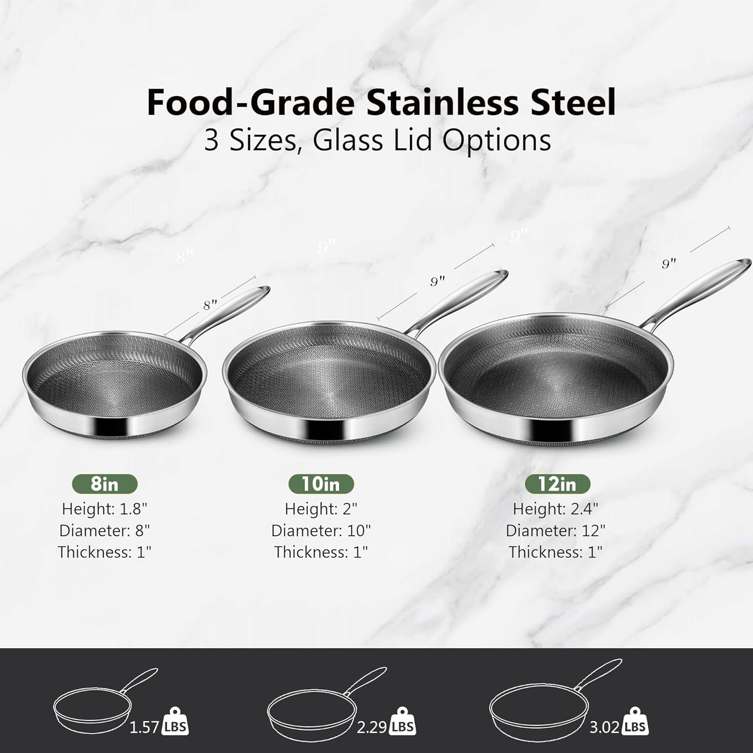 Non Stick Frying Pans, 12-Inch with Lid, Hybrid Frying Pans Nonstick Stainless S