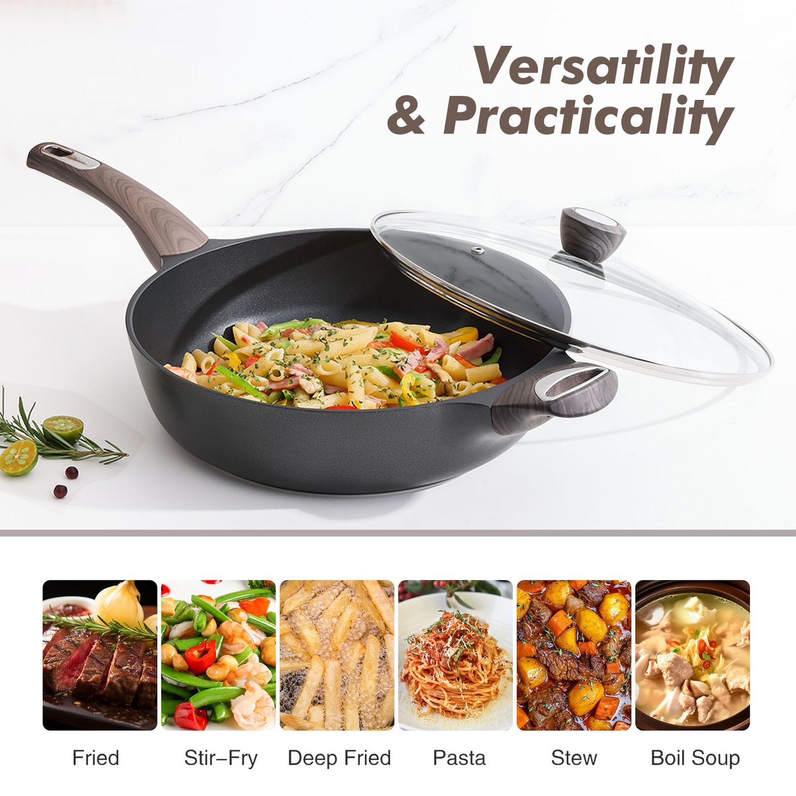 12 Inch Nonstick Frying Pan Skillet With Lid Deep Saute Pan 5 Qt Induction Cookw