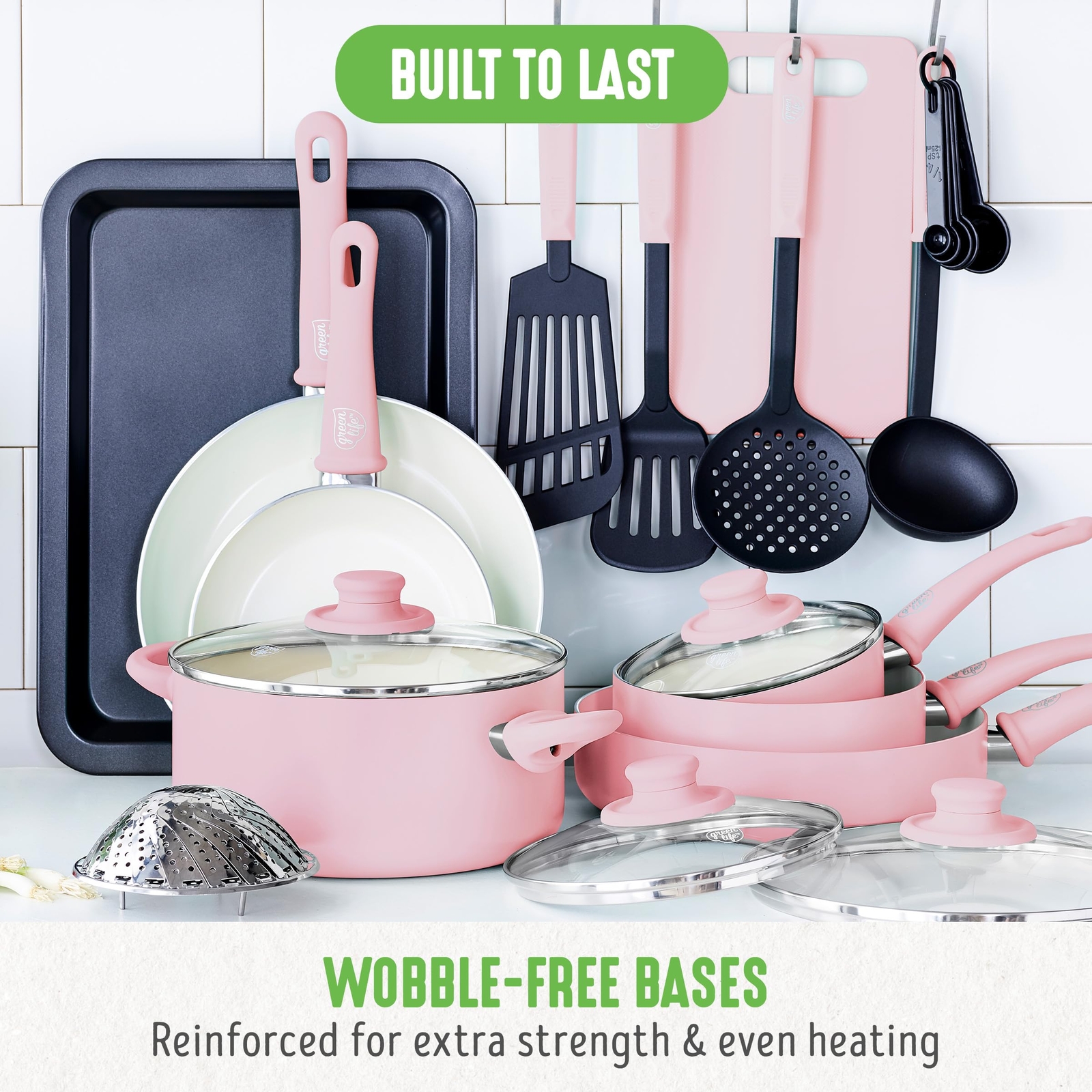 18 Piece Soft Pink Cookware Set Nonstick Healthy Cooking Dishwasher Safe