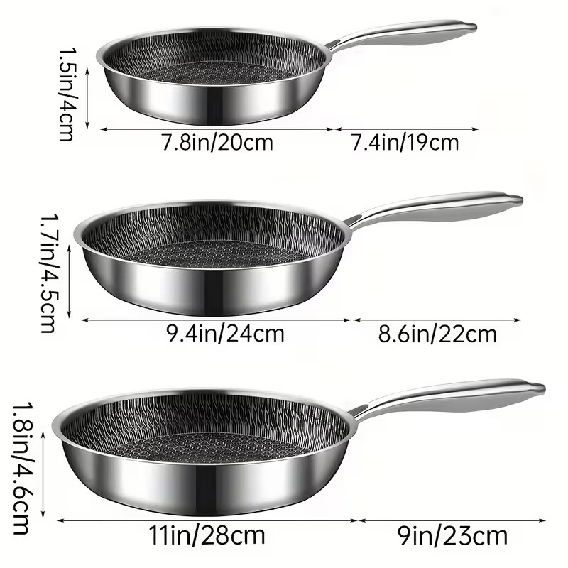 Premium Stainless Steel 304 Honeycomb Nonstick Frying Pan Set(3pc) 7.8/9.4/11 In