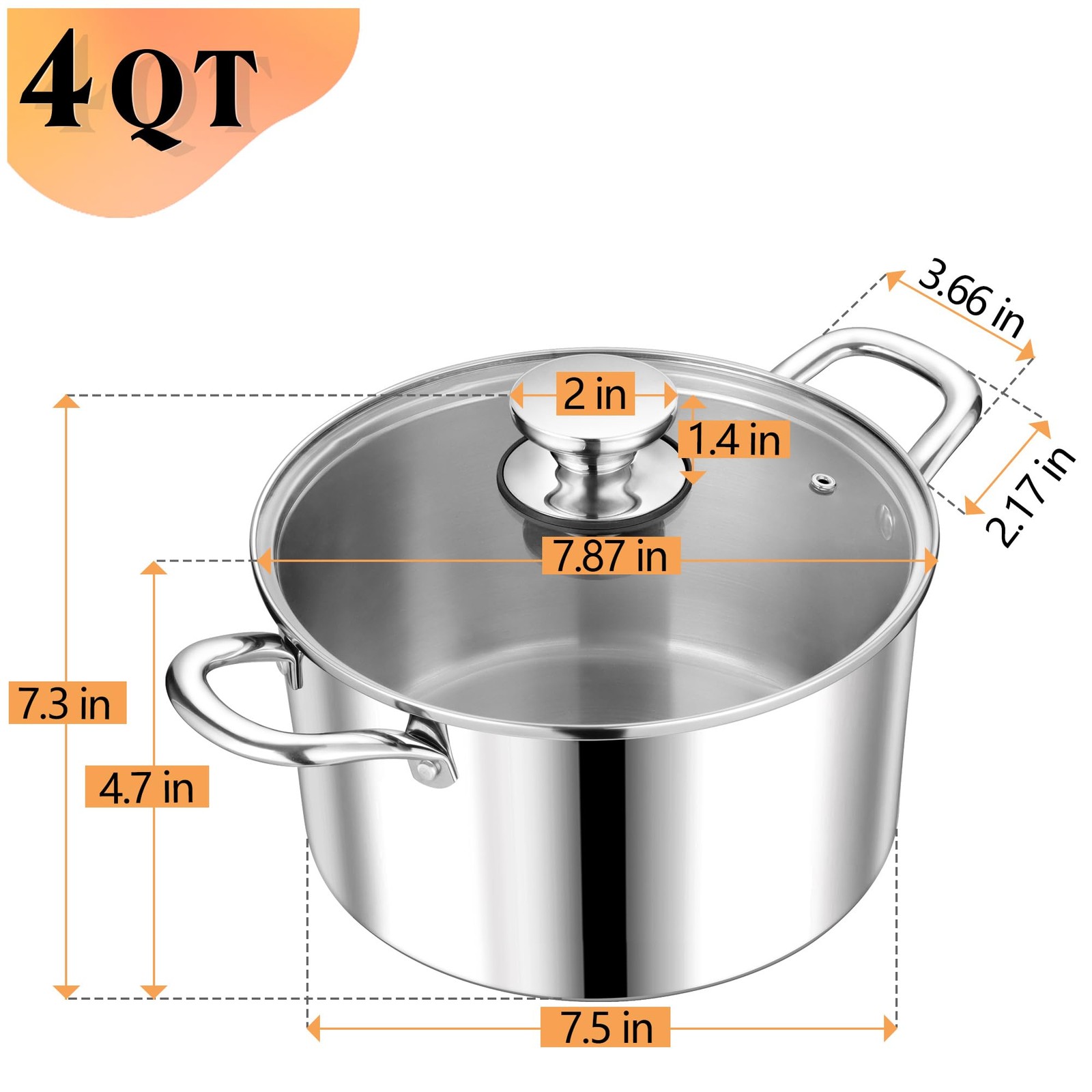 P&P CHEF 4 Quart Tri-Ply Stainless Steel Stock Pot, 4 Qt Stockpot Pasta Cooking