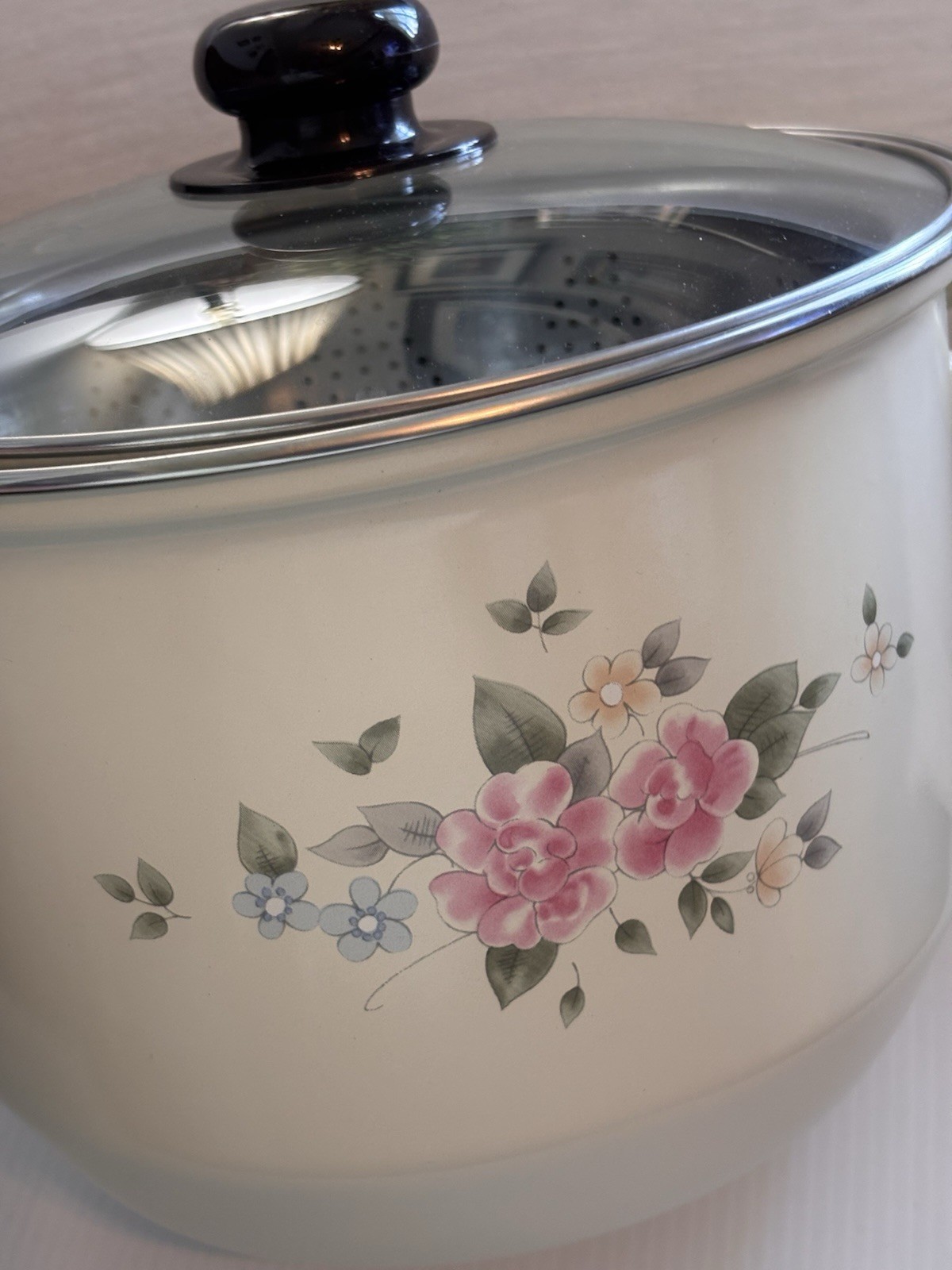 Vintage Pfaltzgraff Tea Rose Enameled 8 Qt Stock Pot with Steamer Insert Basket
