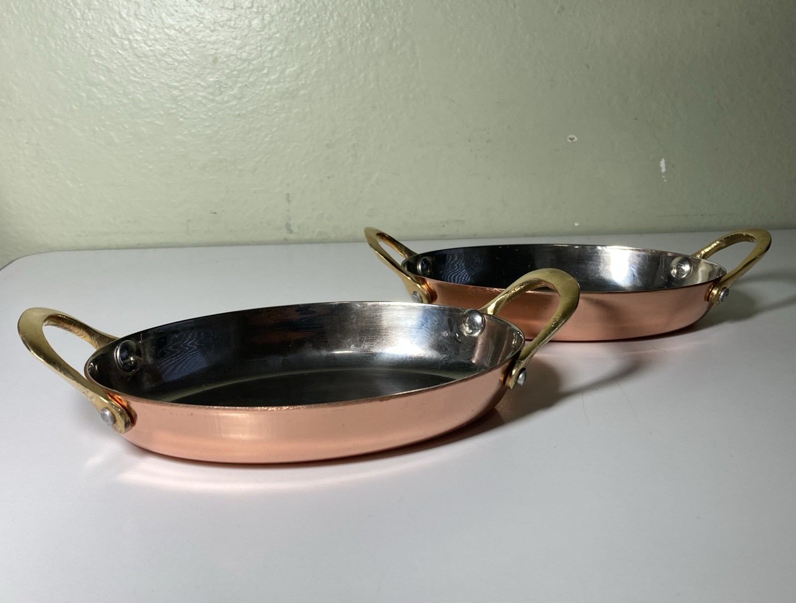 Set of 2 Copper Oval Serving Pans Brass Handles Mini Sauté Tapas Dishes 7”