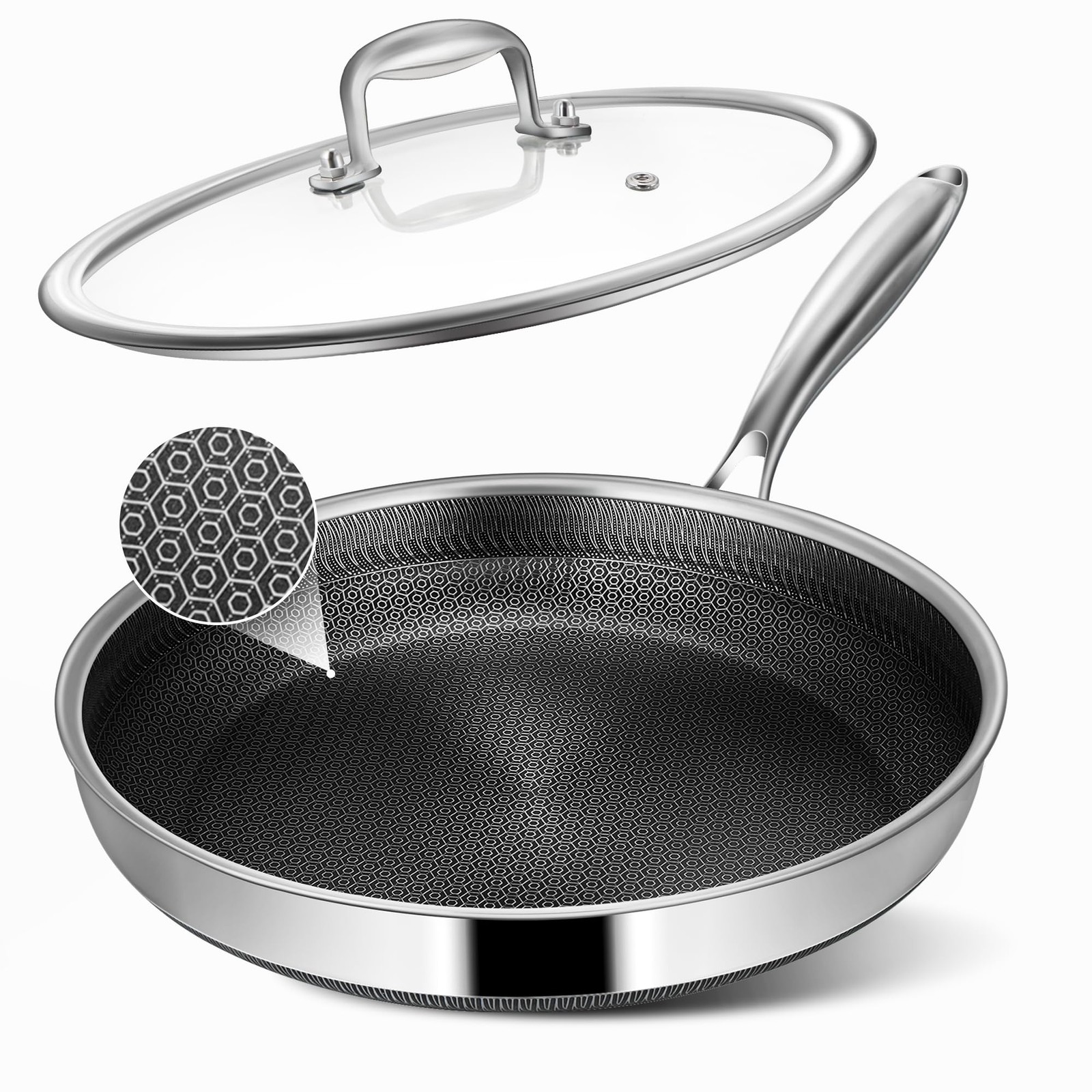Non Stick Frying Pans, 12-inch with Lid, Hybrid Frying Pans Nonstick Stainles…