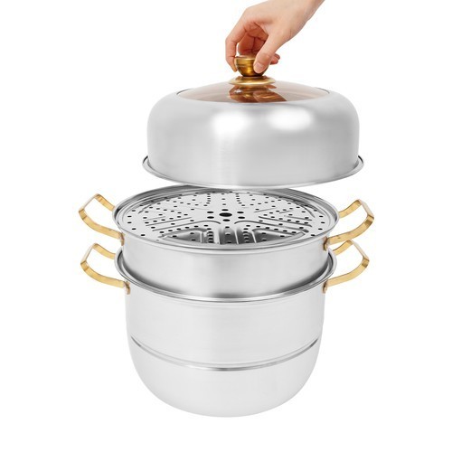 Steam Cooker, Stainless Steel Steam Cooker, 3-tier Steam Cooker Silver+Gold
