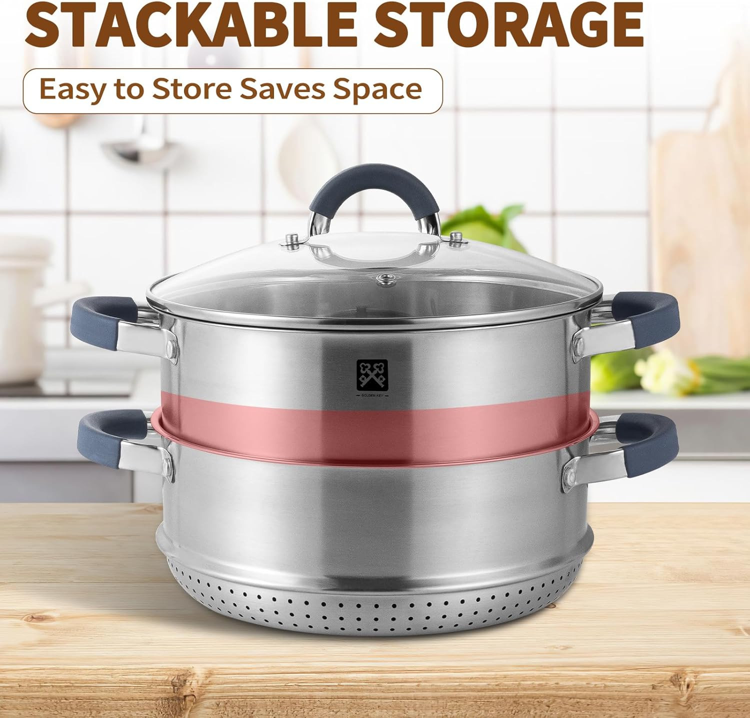5.6 QT Steamer Pot with Lid,2-Tier Multipurpose 18/8 Steamer for Cooking with Ve
