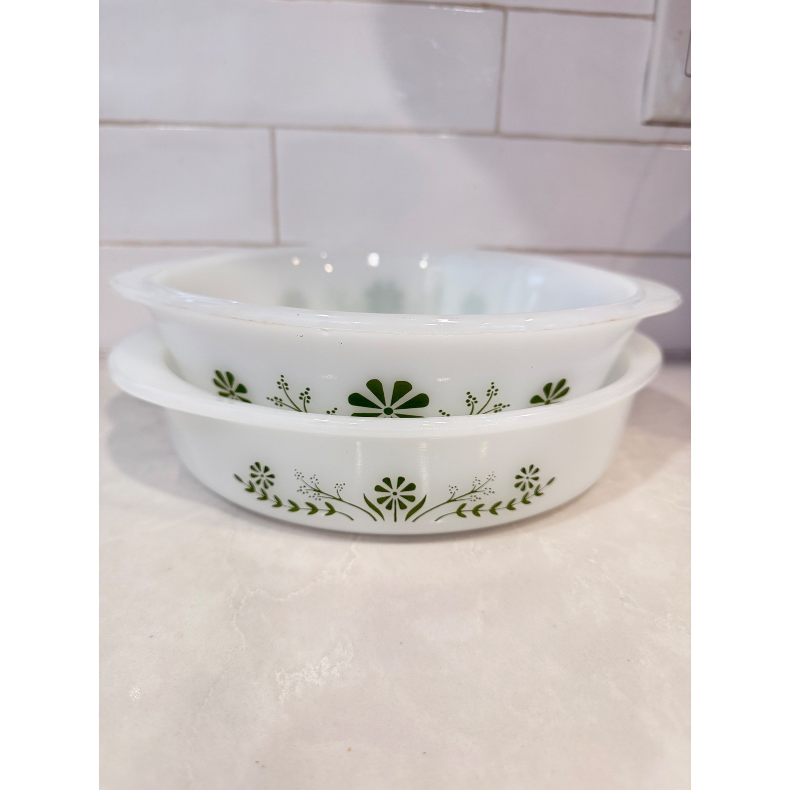 Glasbake Green Daisy Milk Glass Casserole Dish Set of 2 Vintage White Green MCM