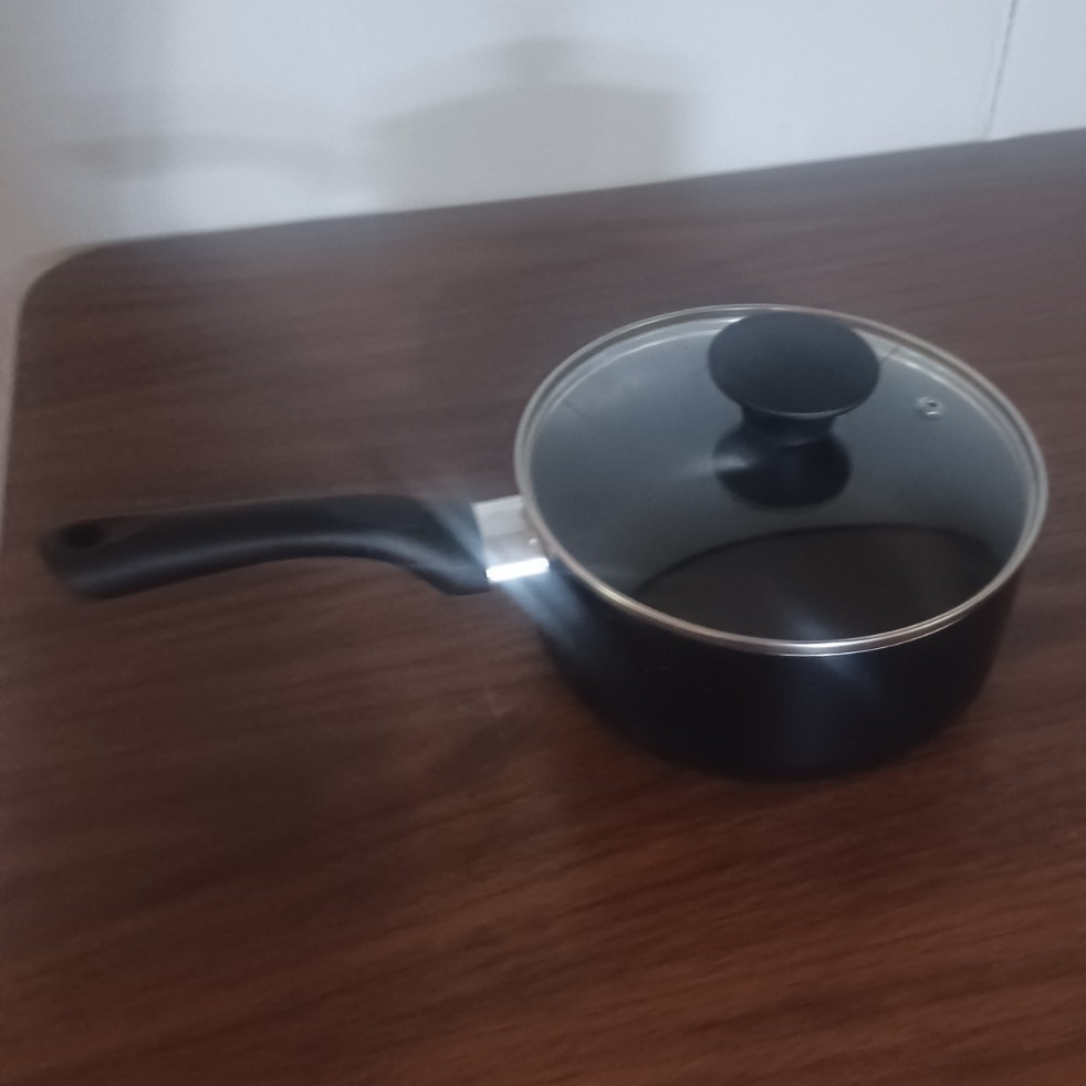 Non-Stick Black Metal Saucepan w/ Glass Lid, Long Handle, 1 qt, 6 in