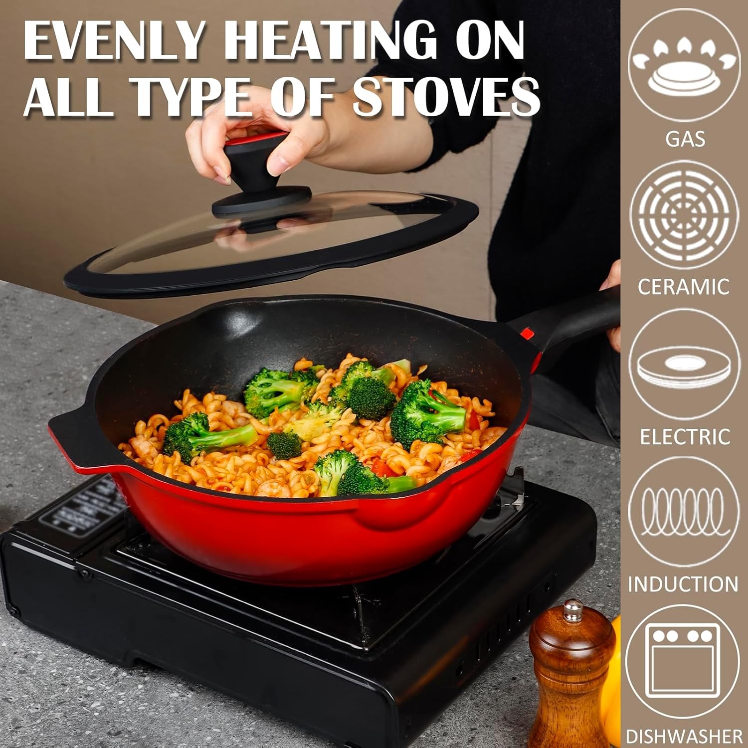 Nonstick Deep Frying Pan Skillet with Lid, 12 inch/ 5.5 QT Saute Pan with