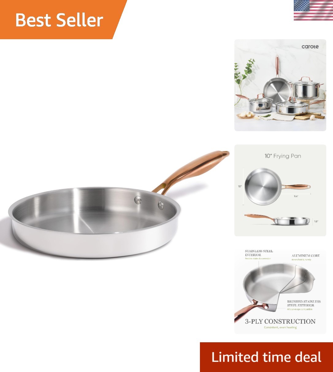 10” Stainless Steel Frying Pan with Stay-Cool Handle and Dishwasher Safe