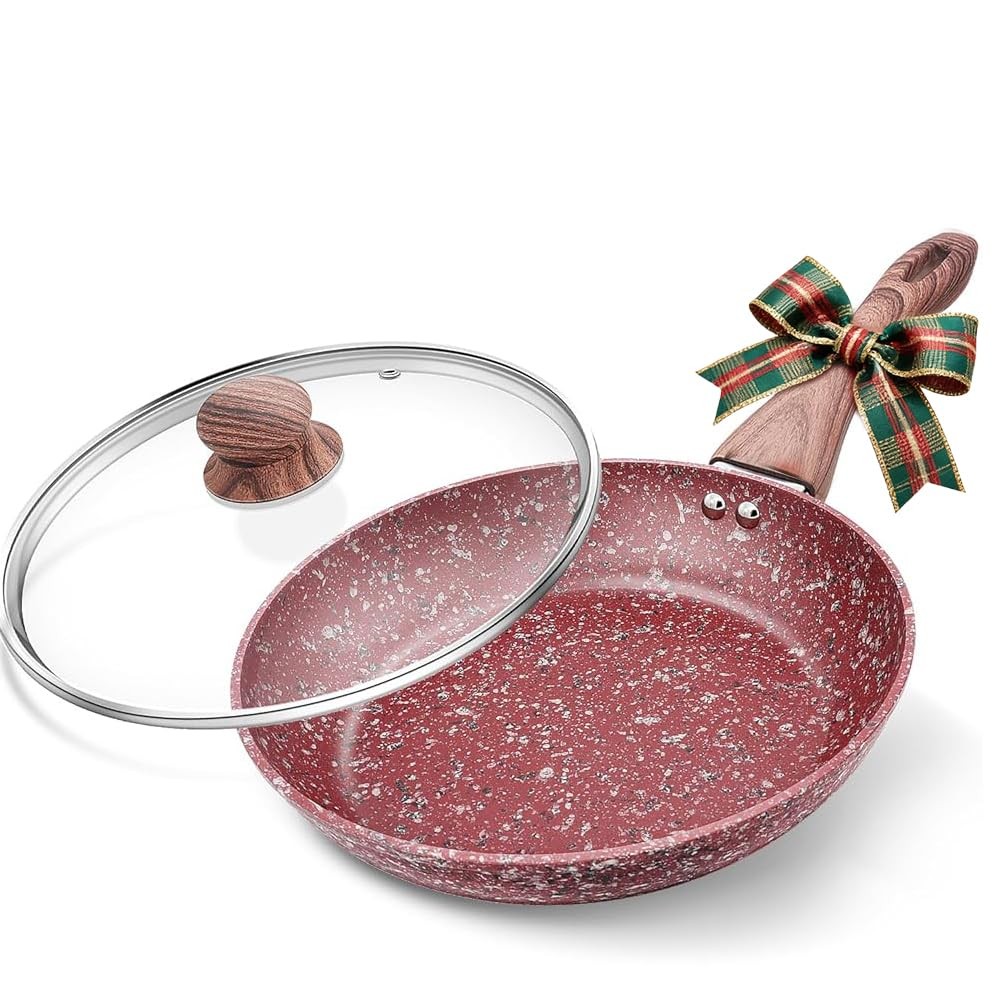 12″ Red Granite Non-Stick Frying Pan with Lid, Classic Pans with Non-Nonstick…