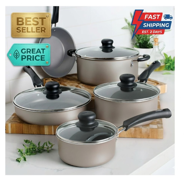 Champagne Ceramic Cookware Set 9 Piece Nonstick Pots and Pans Set Durable