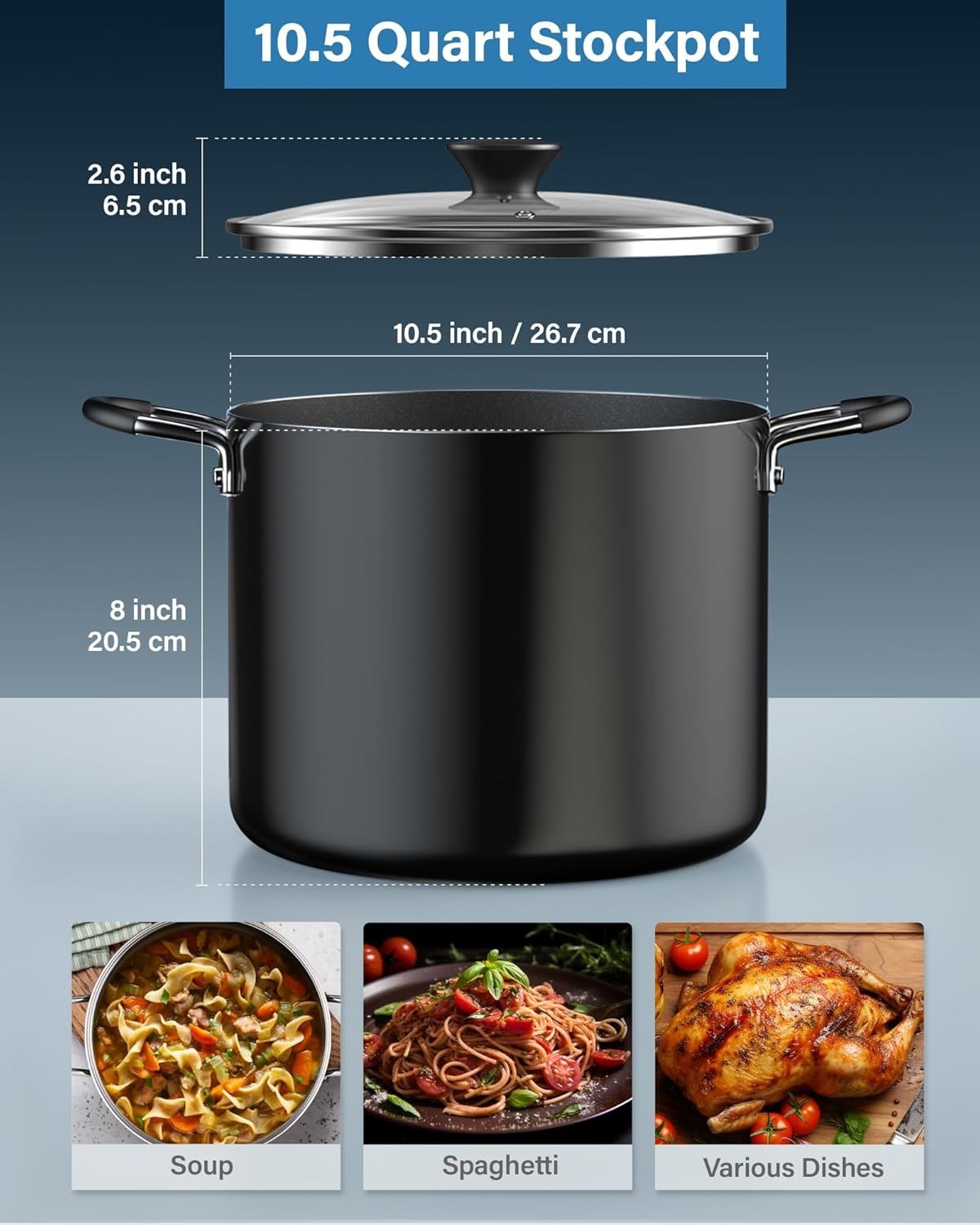 Versatile 10.5-Quart Nonstick Stockpot with Tempered Glass Lid & Cool Handles