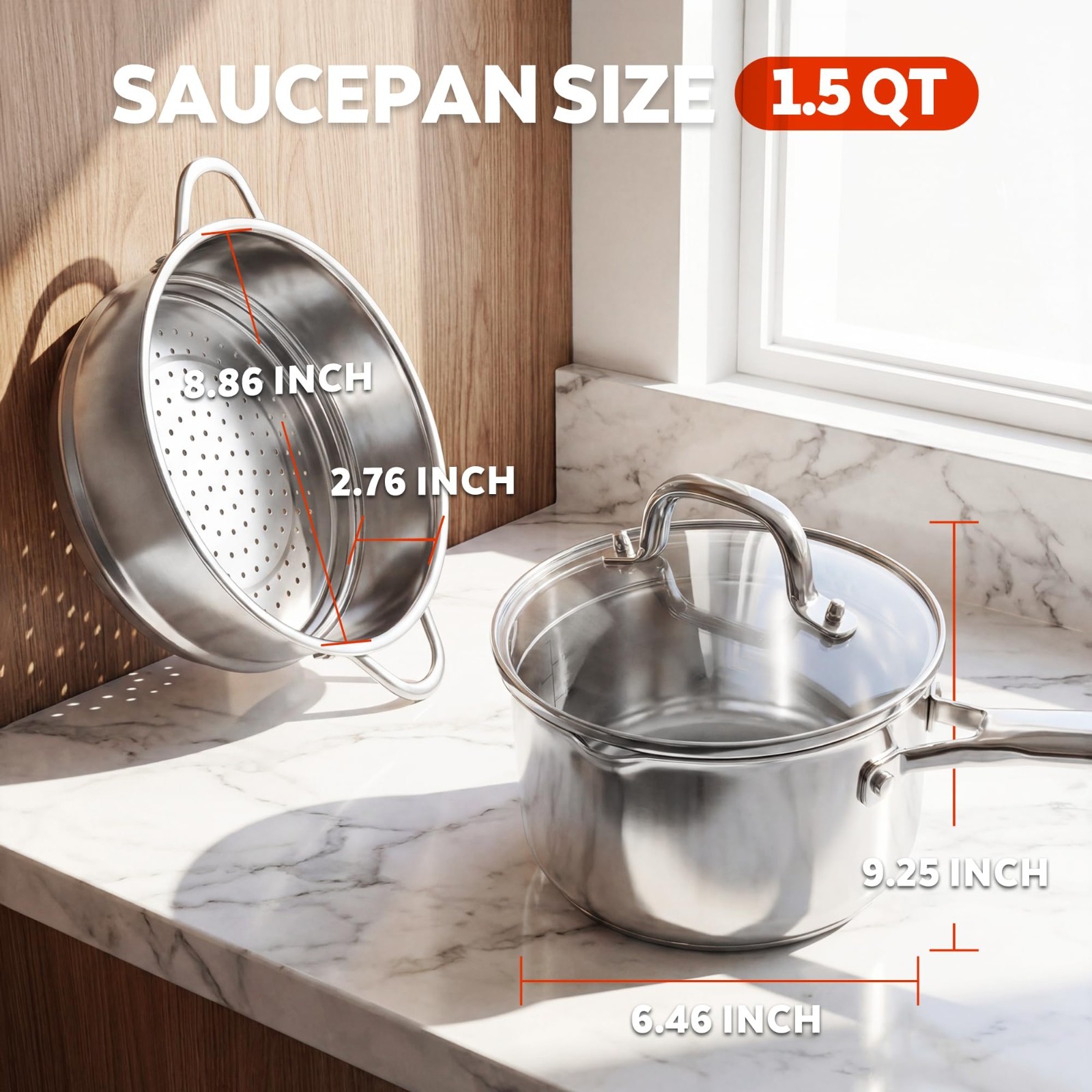 2-in-1 Stainless Steel Steamer & Saucepan Set – 1.5 Qt with Pour Spouts & Glass