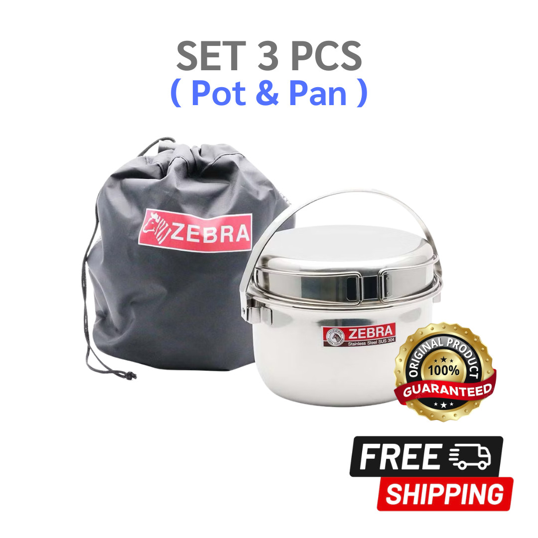 3pcs Zebra Stainless Steel Pot & Pan Set Portable Camping and Travel with Bag