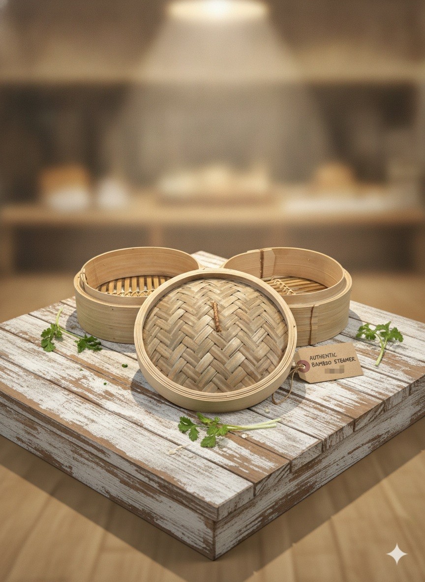 2-Tier Bamboo Steamer Baskets, 8-Inch beige color
