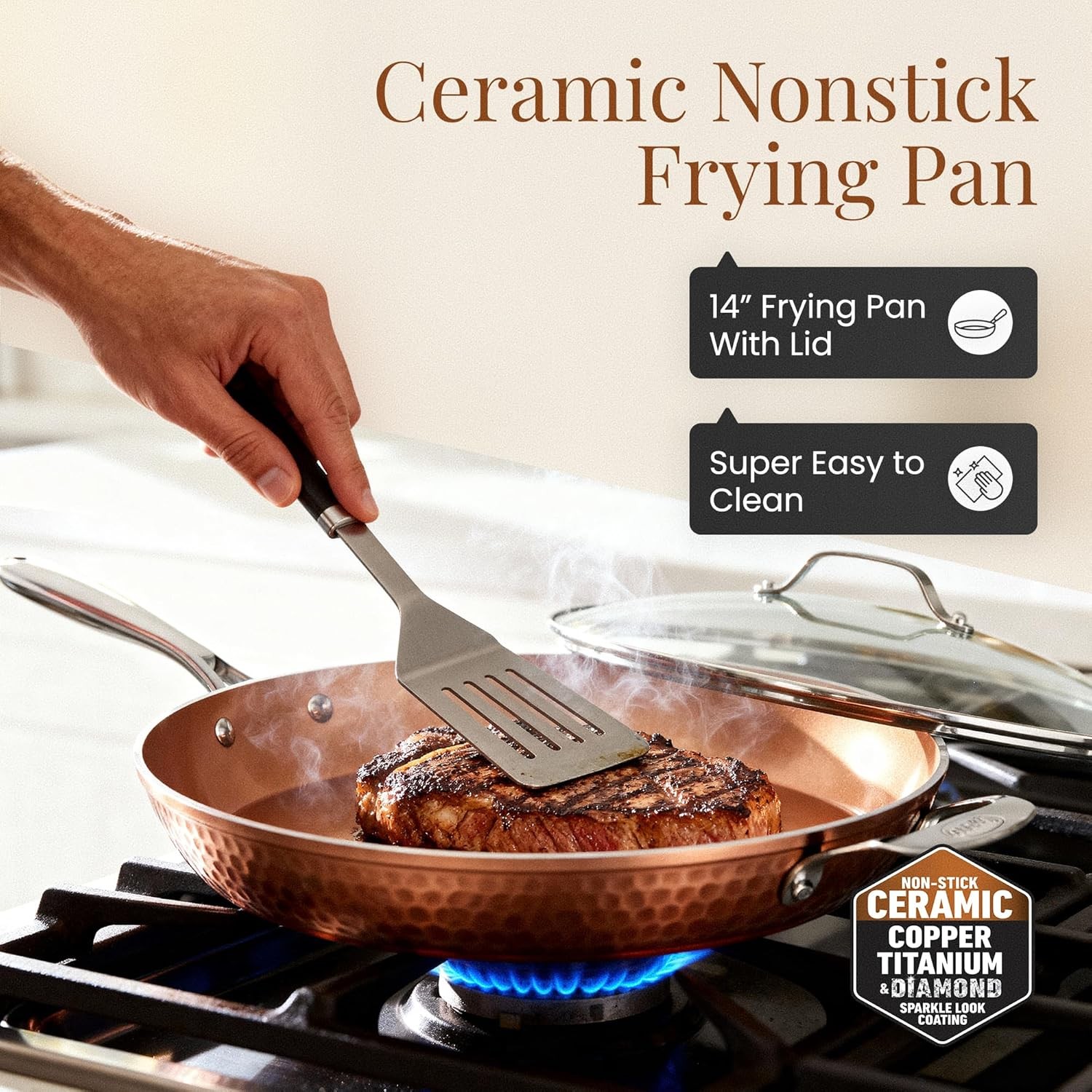 14 Inch Hammered Copper Non Stick Frying Pan With Lid