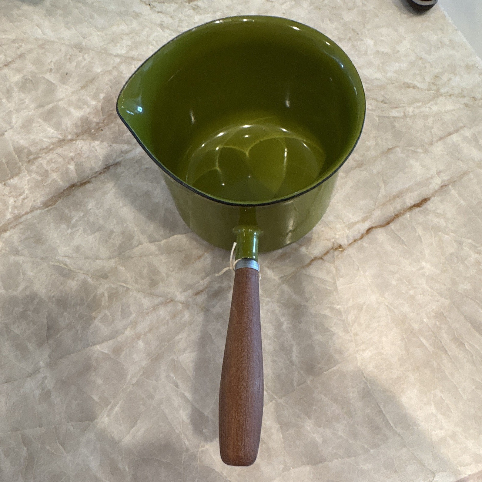 Graham Kerr Hong Kong Olive Green Enamel Saucepan w/ Pour Spout, Wood Handle
