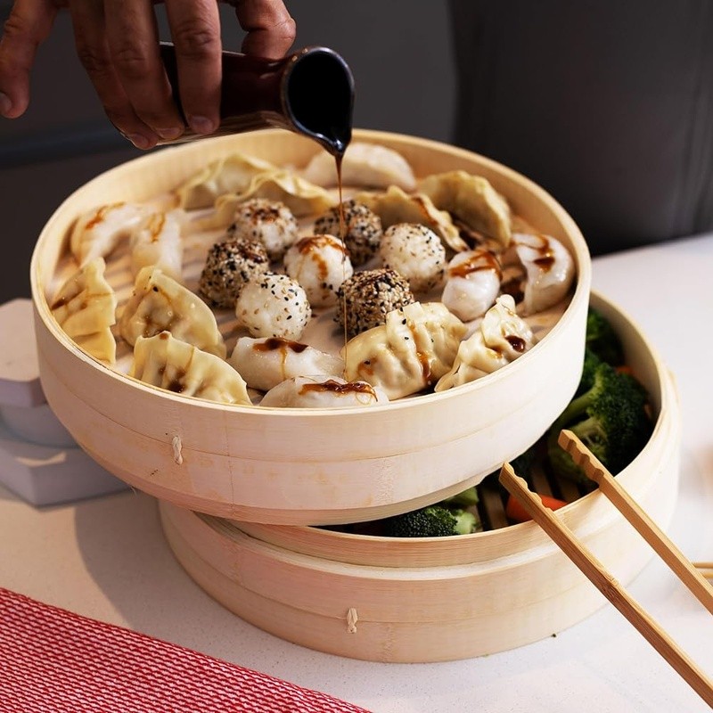 Bamboo Steamer 10 Inch Two Tier Asian Cuisine Cooking Dumplings Veggies Fish New