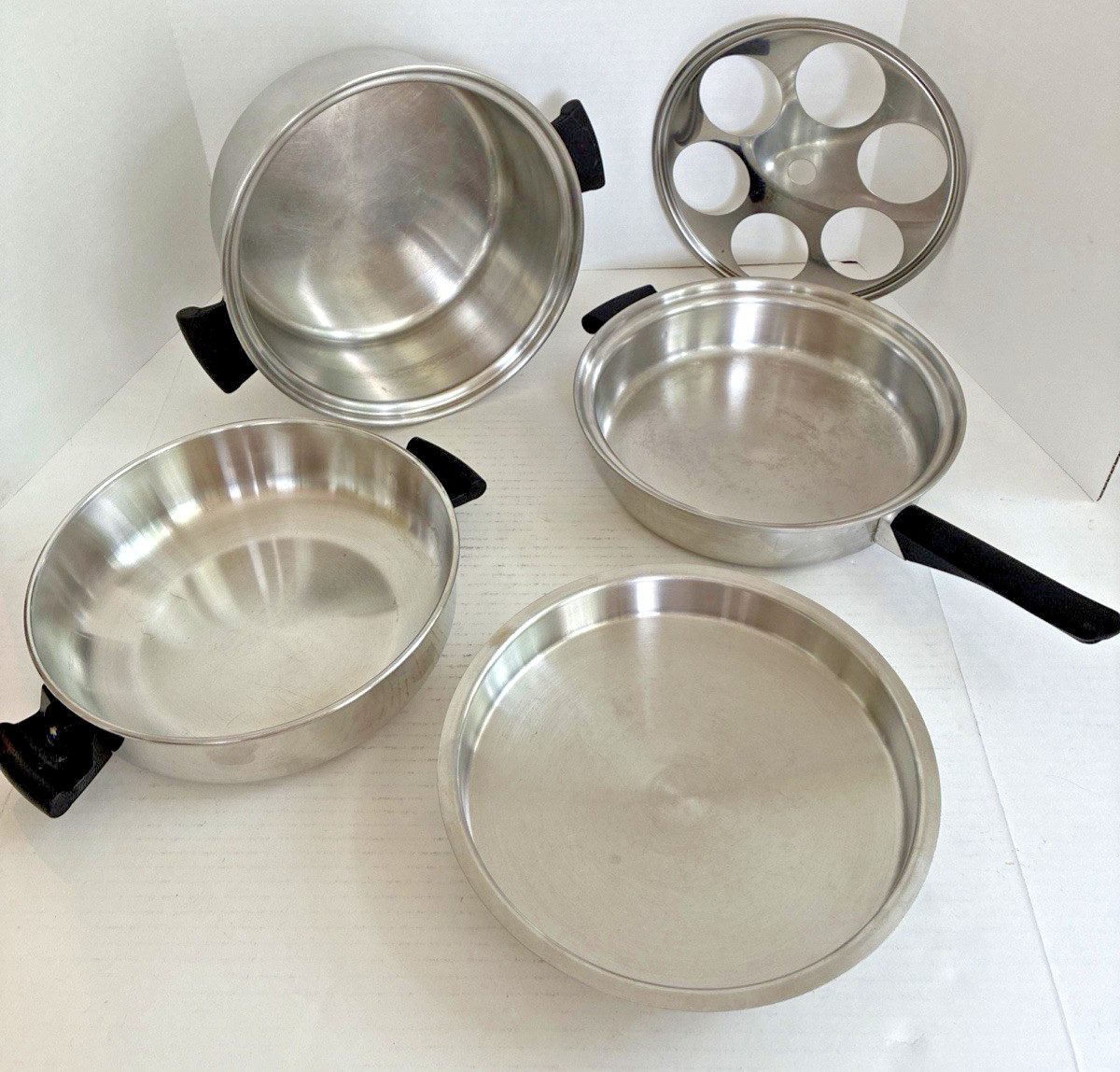 5 PC Amway QUEEN 18 8 SS Multi Ply 6qt Stock Pot Dome 11″ Fry Pan Lid Egg Insert