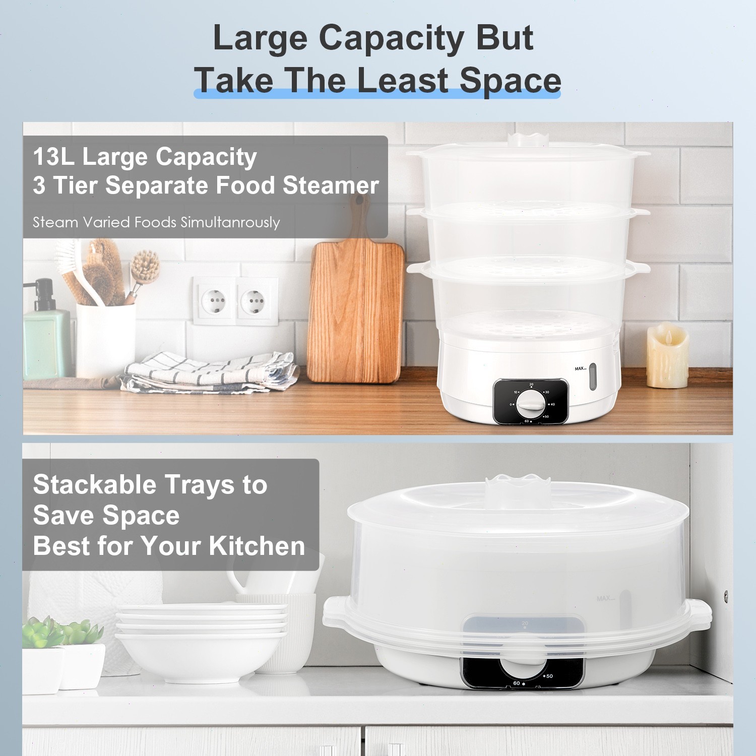 13.7QT Electric Food Steamer, 3-Tier, 800W, 60-Min Timer, BPA-Free Baskets