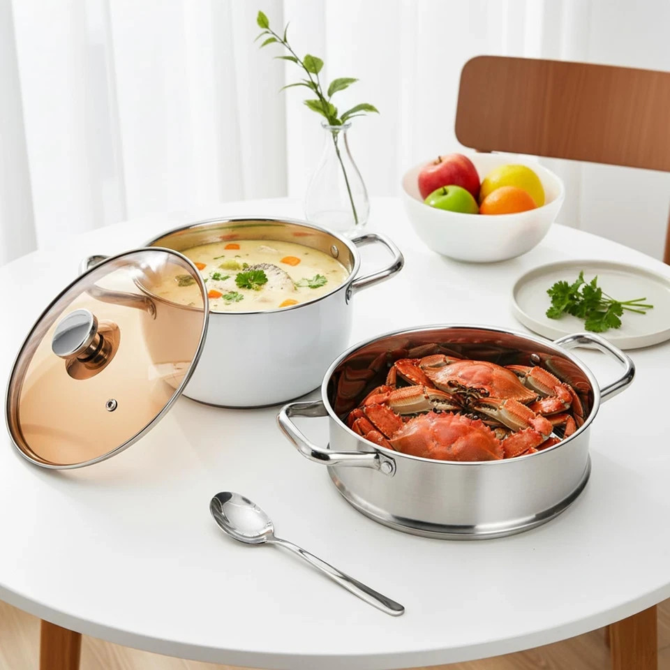2 Tier Steamer Pot with Lid 4 Quart Stainless Steel Food Cooking Vegetable
