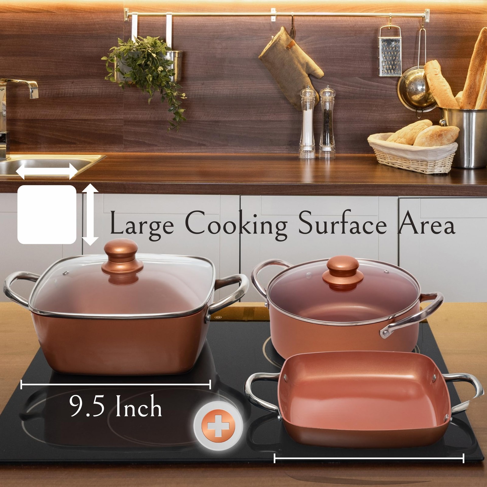 Moss & Stone 7PC Copper Nonstick Square Deep Frying Pan 5Qt Round Pot Basket Set