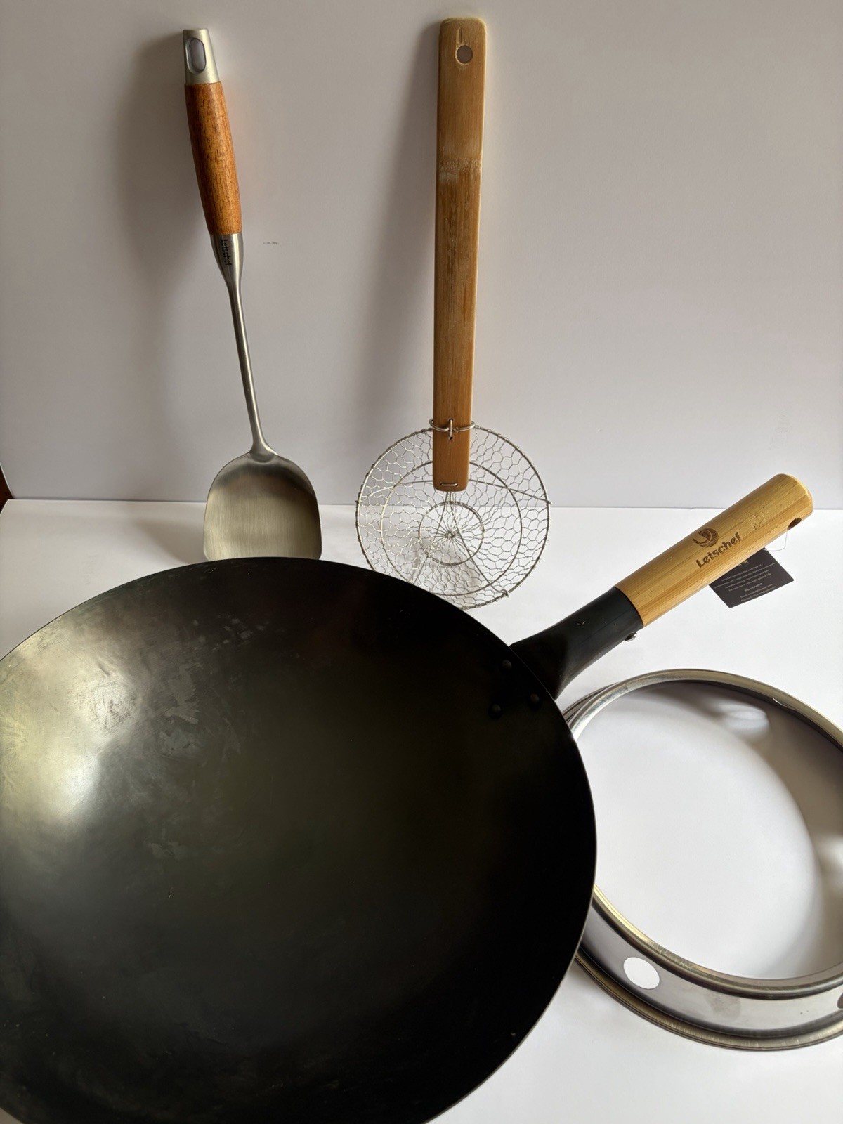 Letschef Black Non-Stick 13″ Double Handle Wok Set w/ Lid, Spatula, Rack