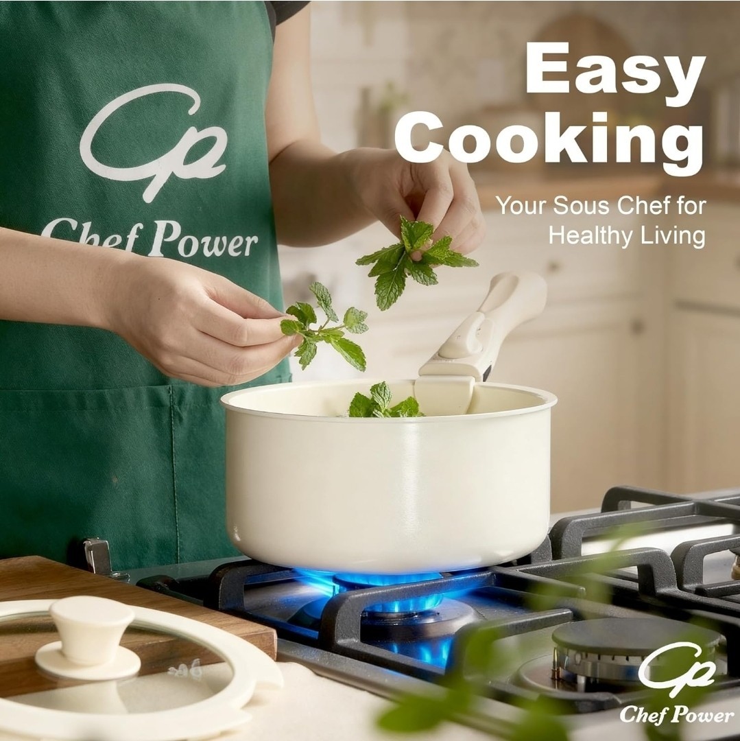 Chef Power Ceramic Nonstick Pot and Pan Set with Detachable Handle – Cream White