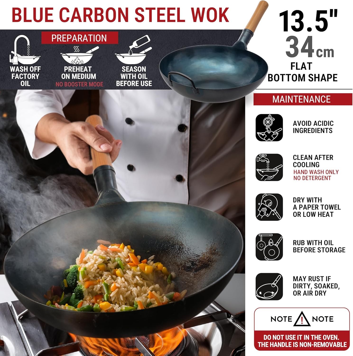 YOSUKATA 13.5” Blue Carbon Steel Wok Pan–Pre-Seasoned Flat Bottom Wok Compatible