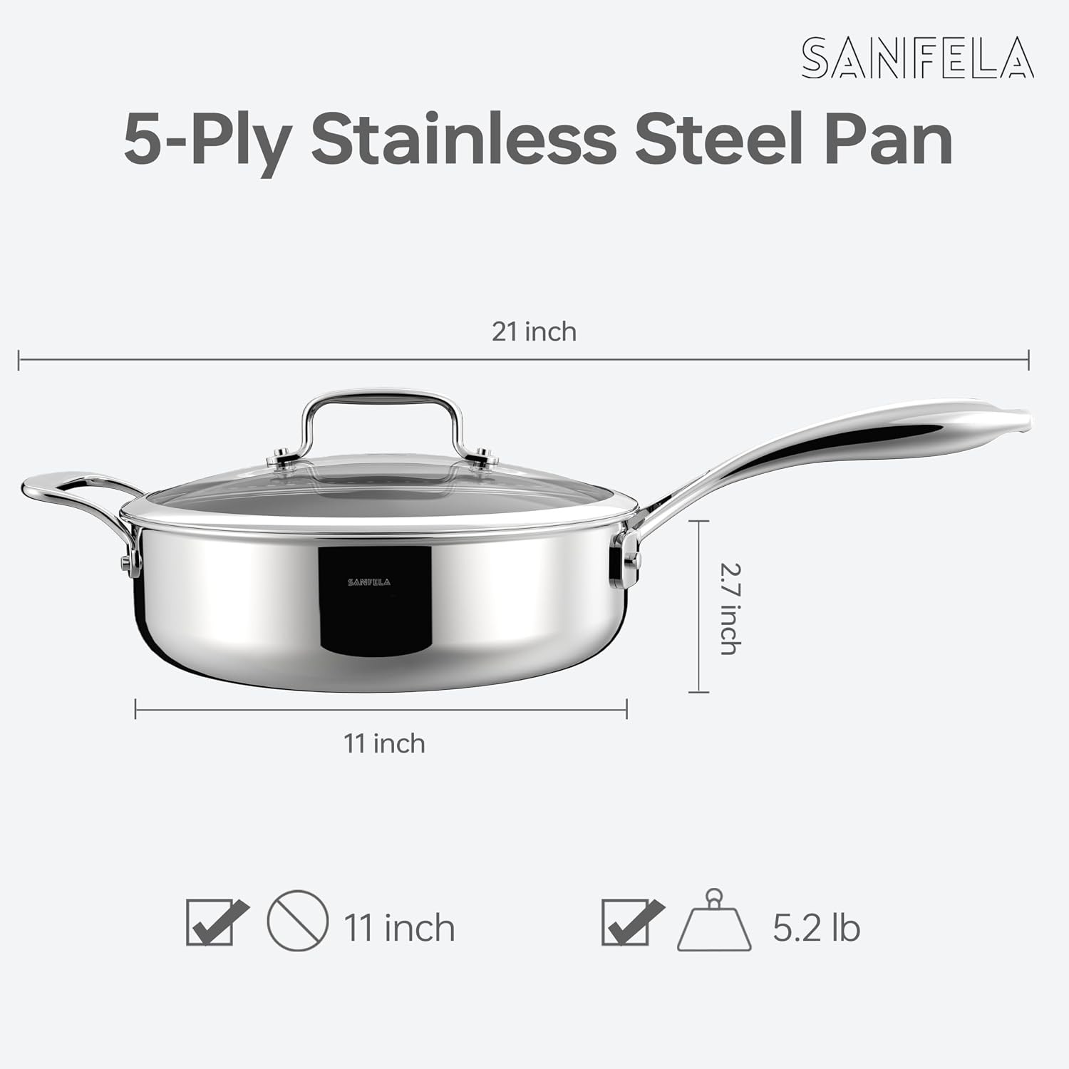 12 Inch/ 4.5 QT 5-Ply Stainless Steel Saute Pan with Glass Lid | Compatible with