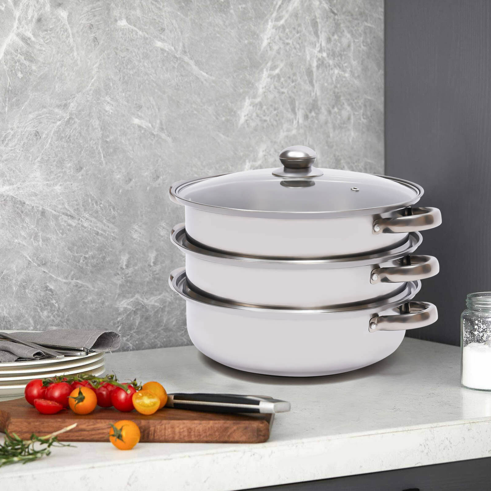 3 Tier Steamer Hot Pot Stainless Steel Cooker Steam Pot Food Cooking + Glass Lid