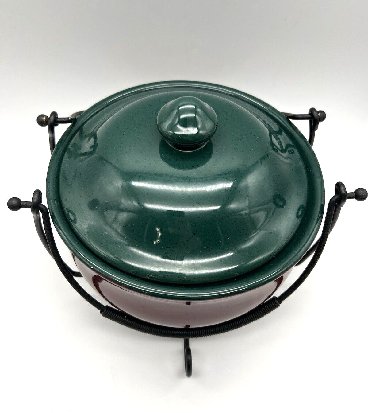 2 Qt Ceramic Dutch Oven Bean Pot w Metal Handled Stand – Burgundy Green 8.5″ Dia
