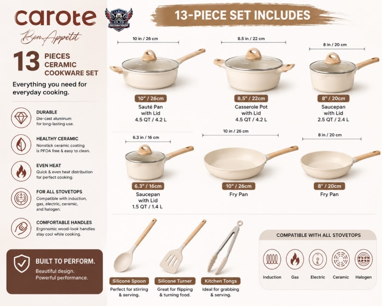 CAROTE 13-Piece Ceramic Cookware Set Induction Nonstick Pots & Pans Cream