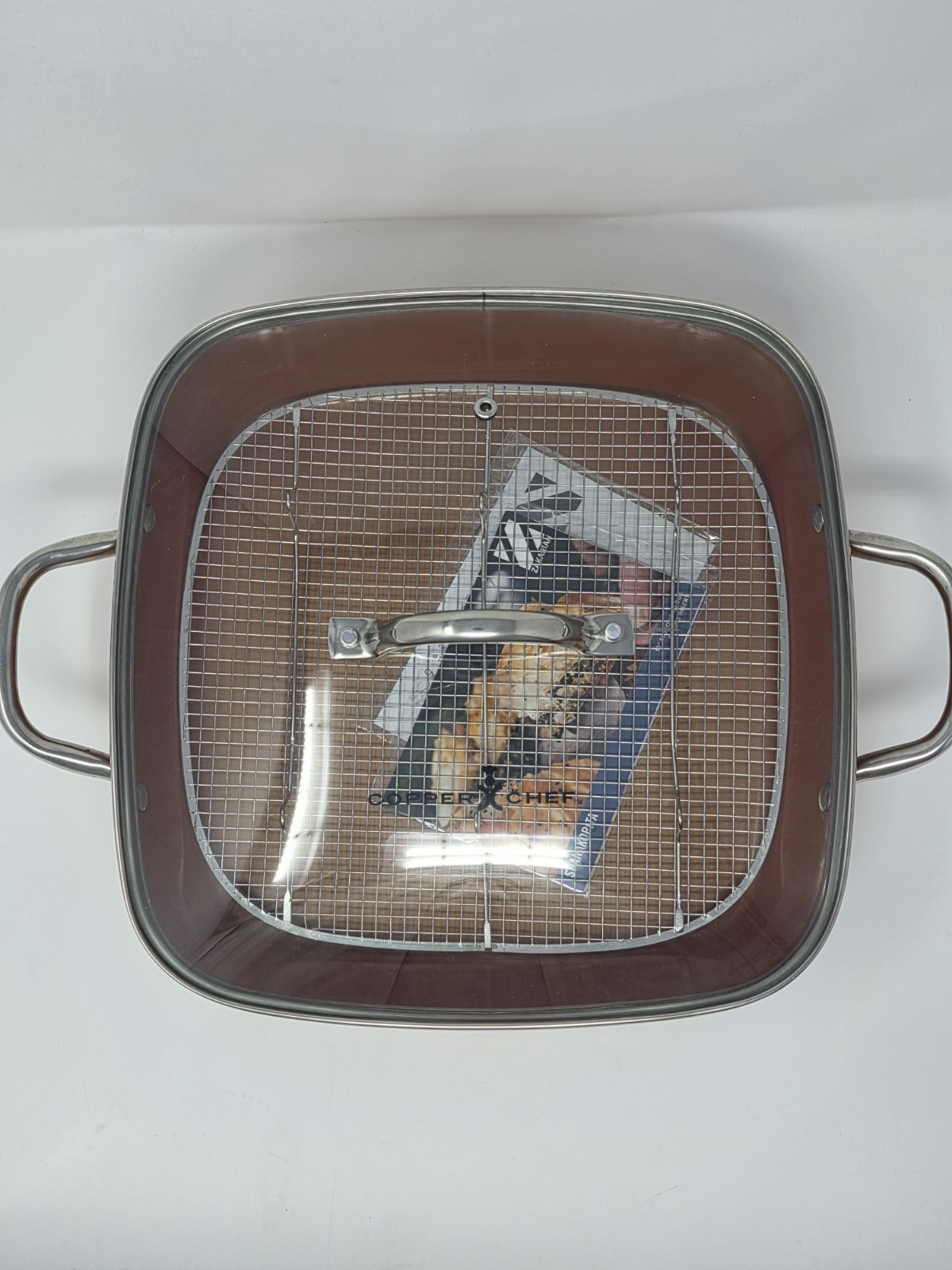 New Copper Chef 12″ Square Deep Fry Pan Skillet w/ Glass Lid Rack Recipe Book