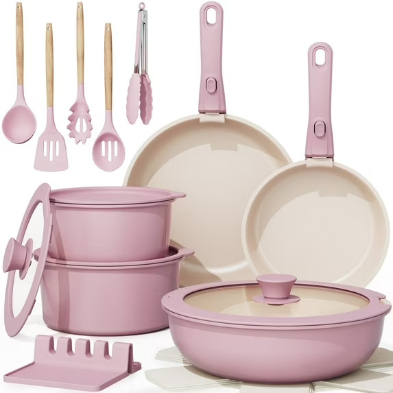 20-Piece Ceramic Pots and Pans Set, Nonstick Cookware Set with Detachable PINK